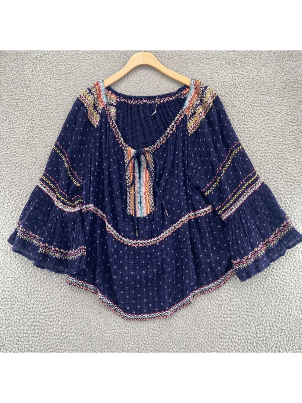 Free People Top Women Extra Small Talia Navy Coral Embroidery Bell Sleeve Tunic*